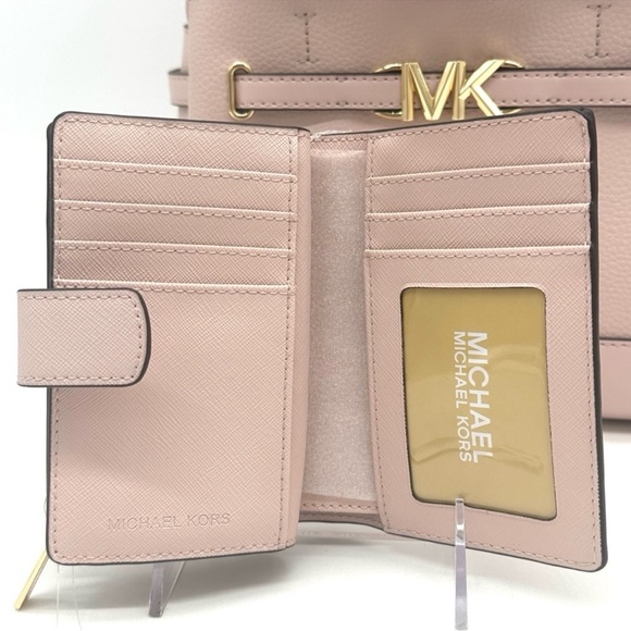 Michael Kors Reed Small Satchel Crossbody Bag & MD Bifold Zip Chain Wallet Pink - Picture 8 of 16